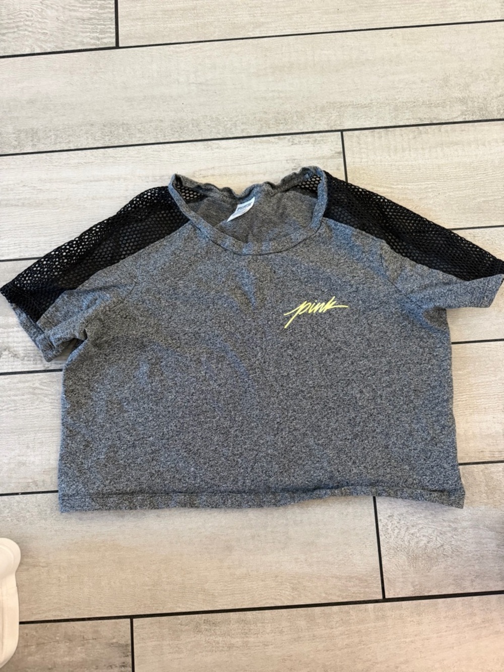 PINK Victoria's Secret Grey & Black Mesh Sleeve Crop Tee